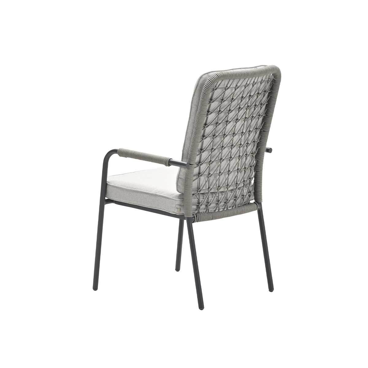 A gray chair with a woven back and a cushion.