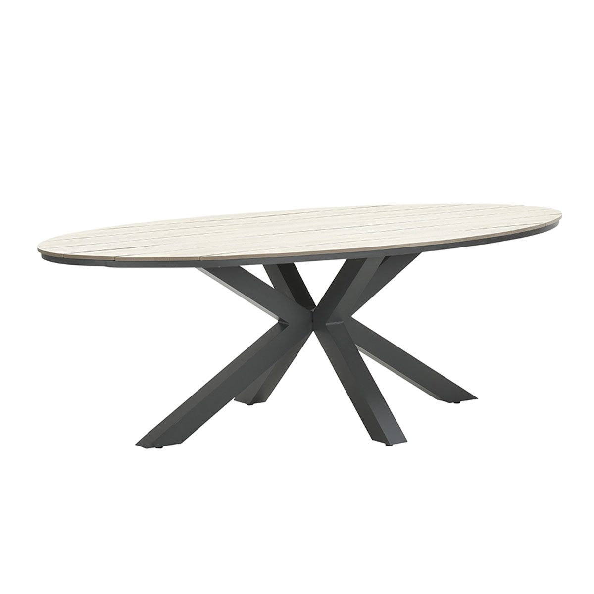 An oval outdoor table with gray legs and a light-colored wooden top.