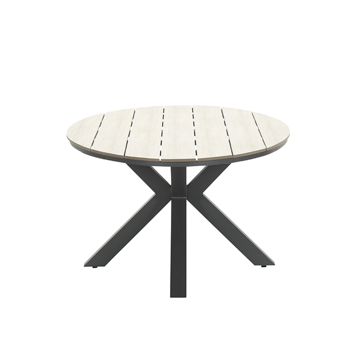 A round table with a wooden top and gray legs.