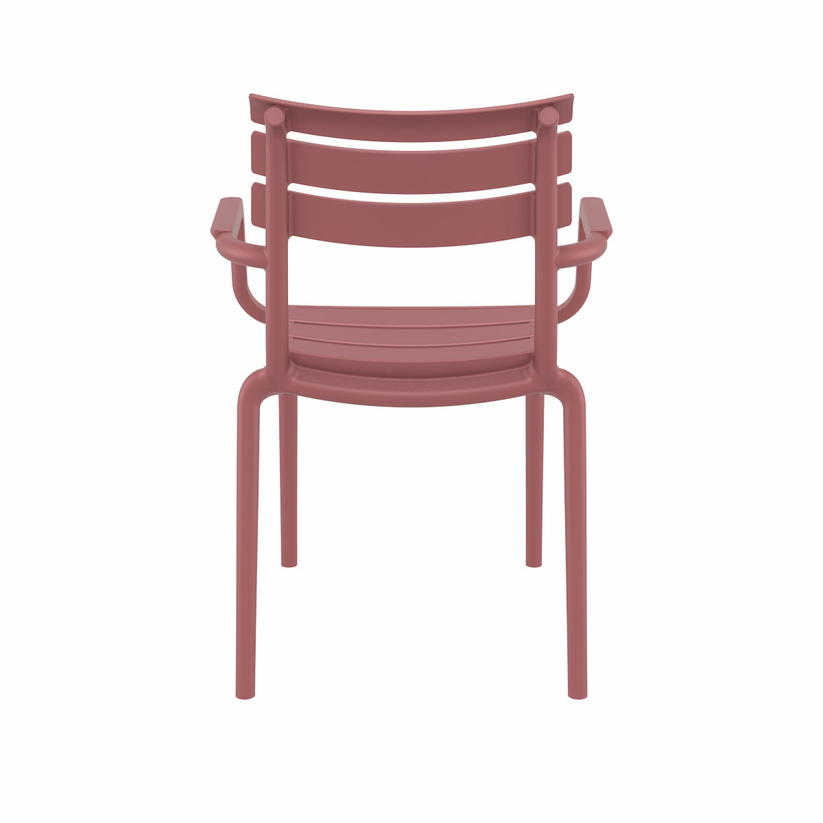 A single rose-colored plastic chair with armrests.