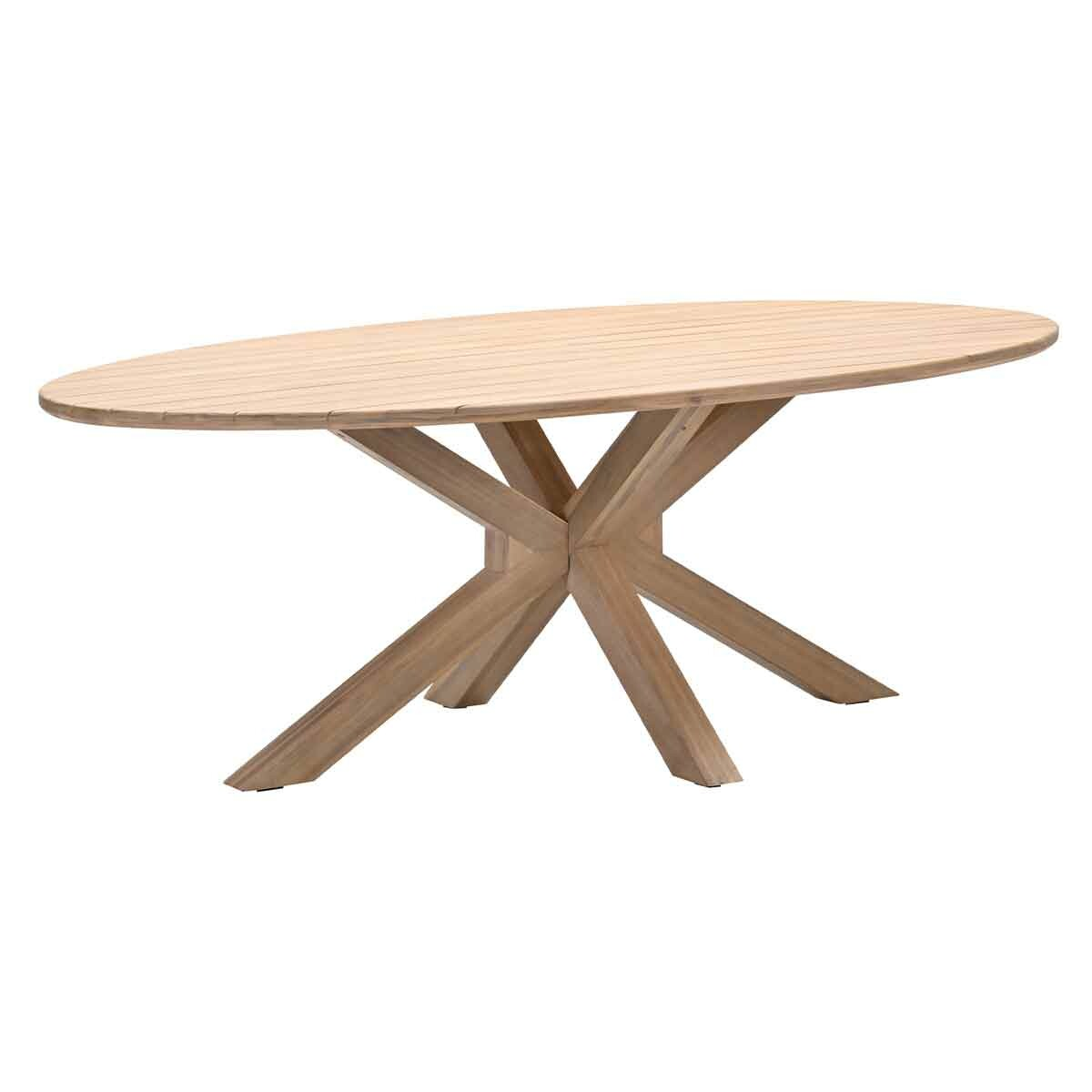 Een ovale houten tafel met een stervormige voet.
