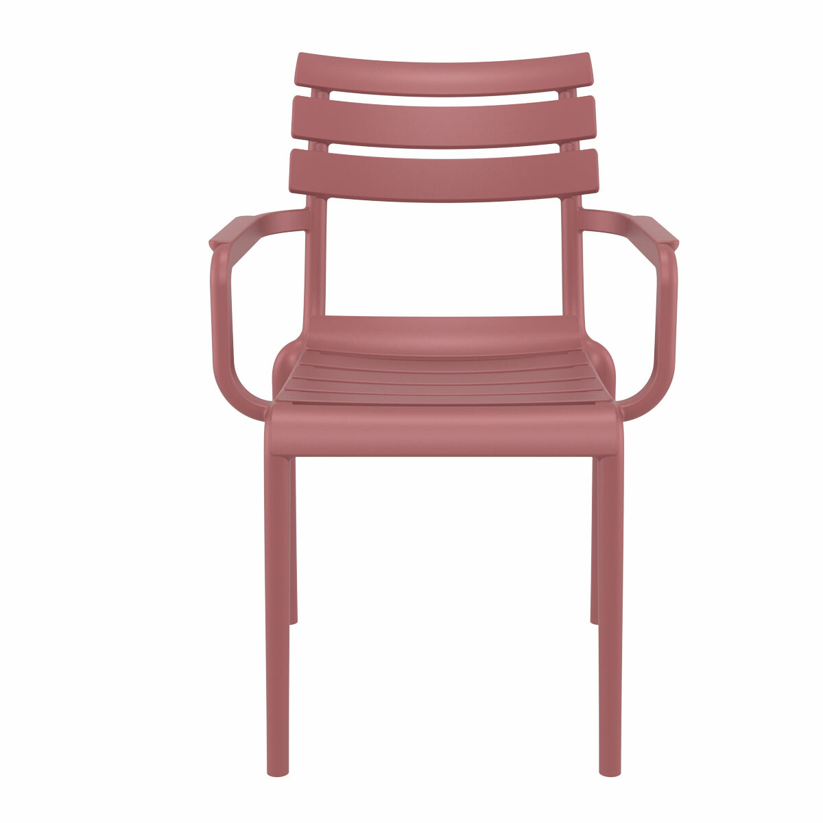 A pink chair with horizontal slats and armrests.