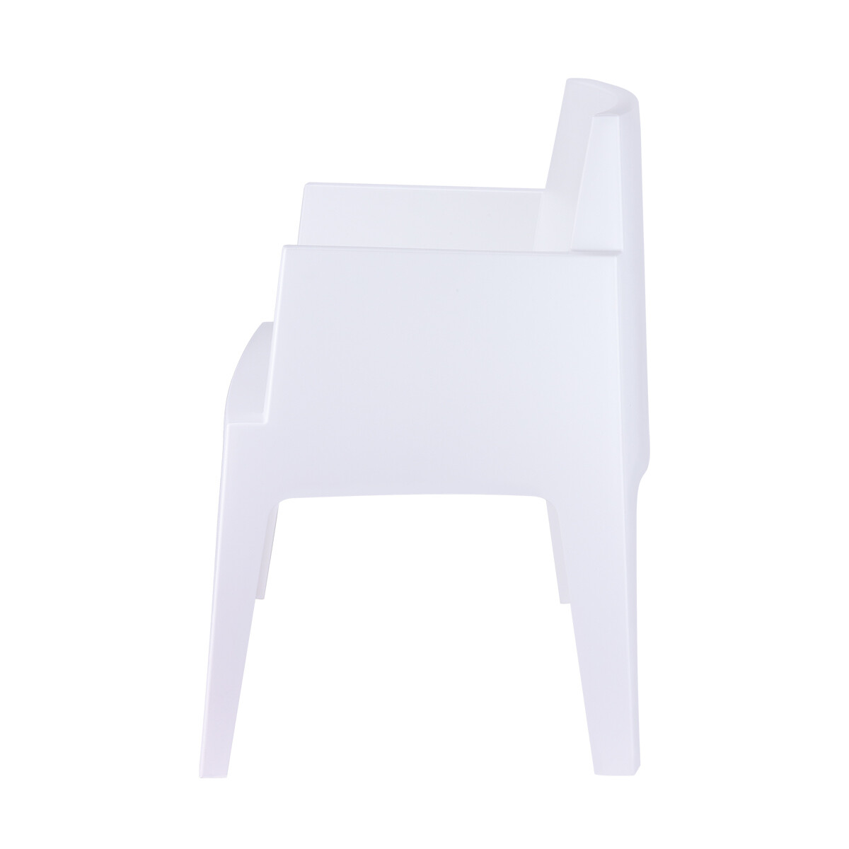 A side view of a white chair with a simple design.