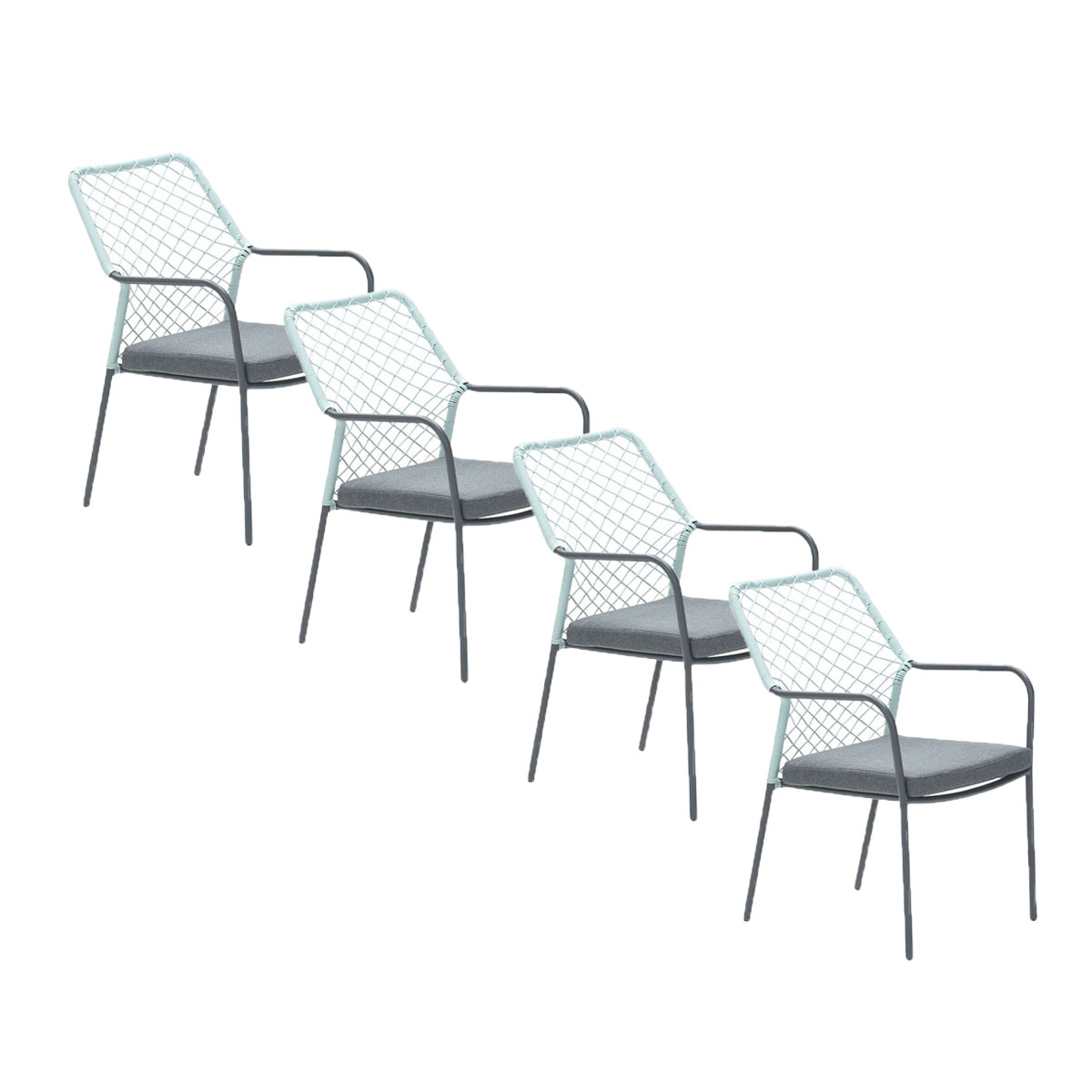 Four chairs in a row. They have gray cushions, a metal frame and a light blue mesh.