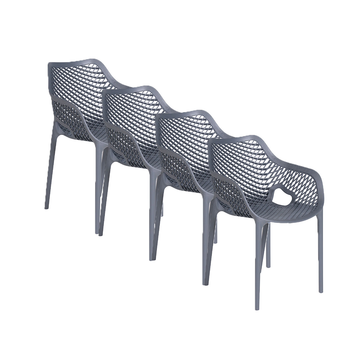 Vier grijze plastic stoelen met een ruitpatroon op de rug, op een witte achtergrond. De stoelen zijn leeg.