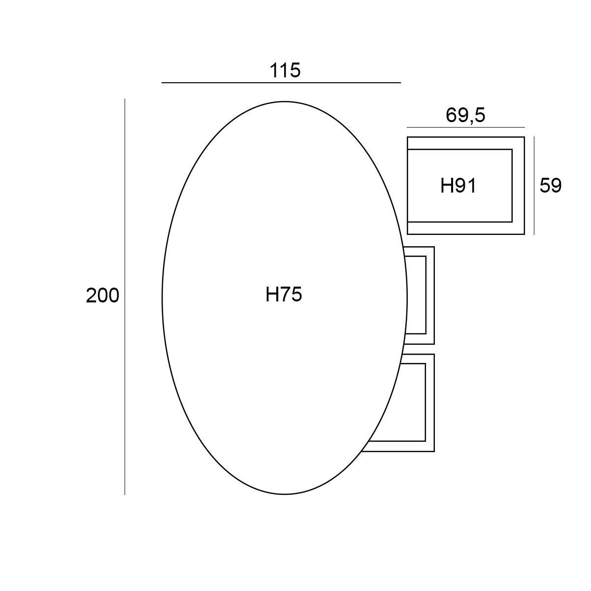 Een diagram met afmetingen en dimensies. Het toont een ovale vorm met gelabelde lengtes en breedtes.