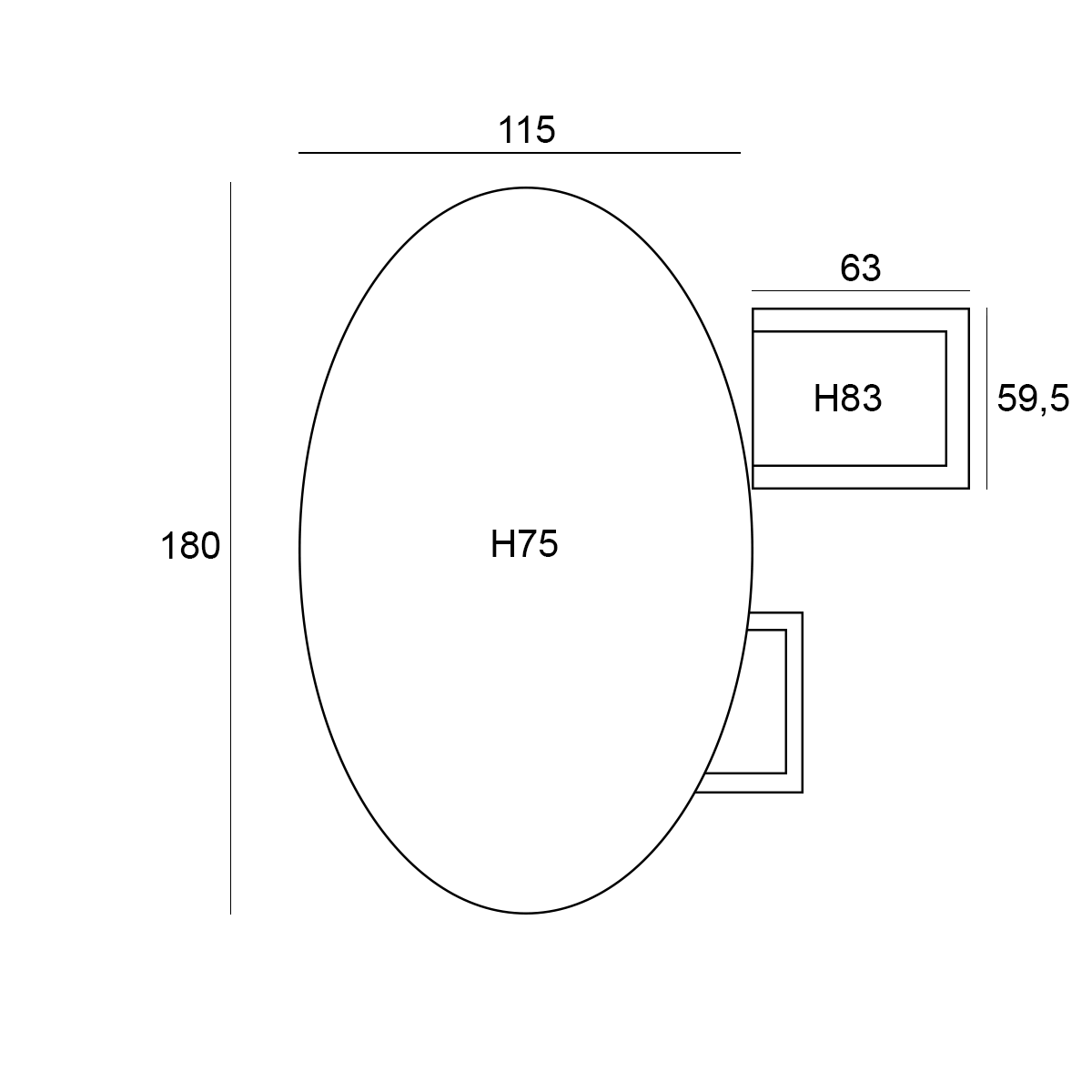 A diagram with measurements and dimensions. It shows an oval shape with labeled lengths and widths.