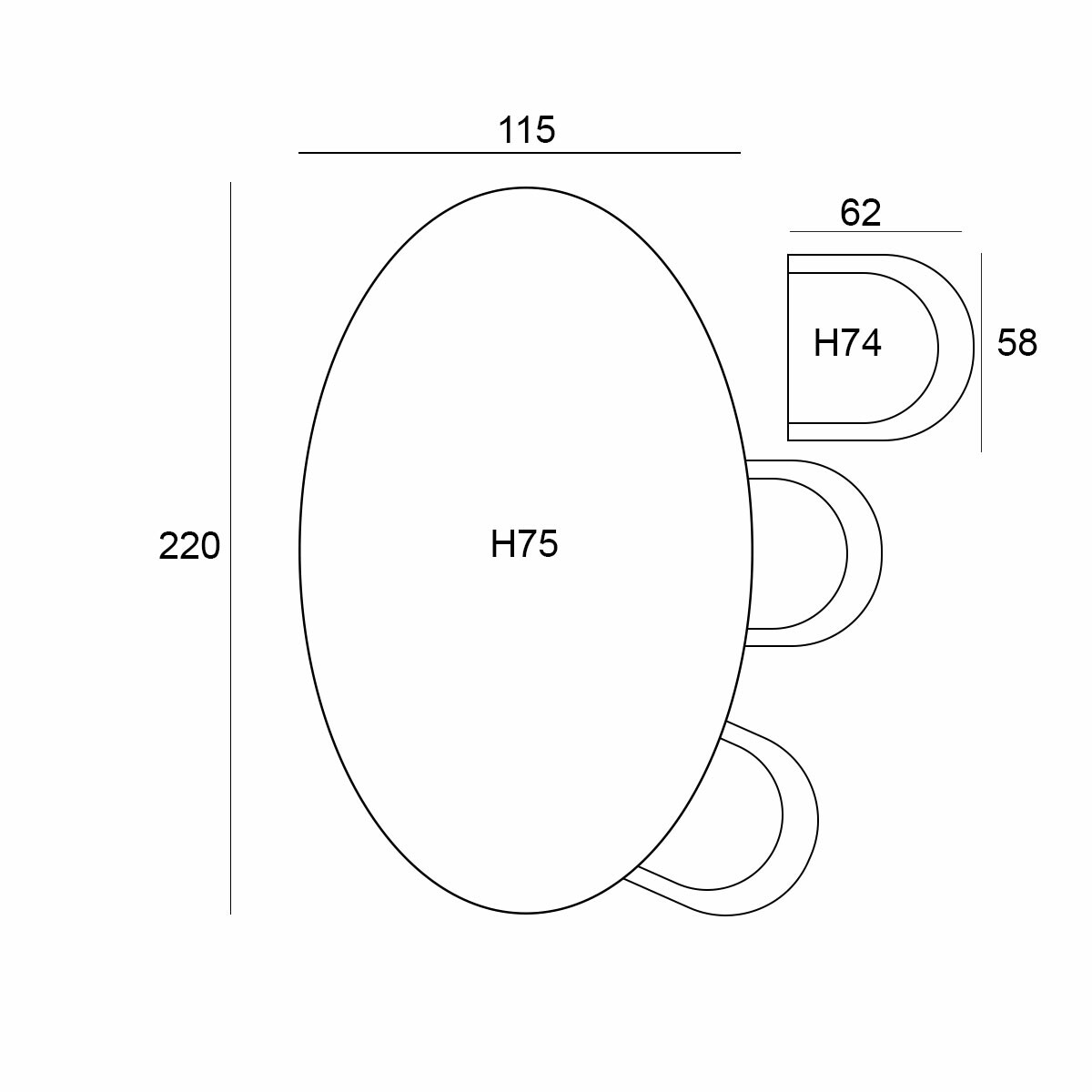 Top view of a table and chairs with dimensions. An oval table is labeled with measurements.