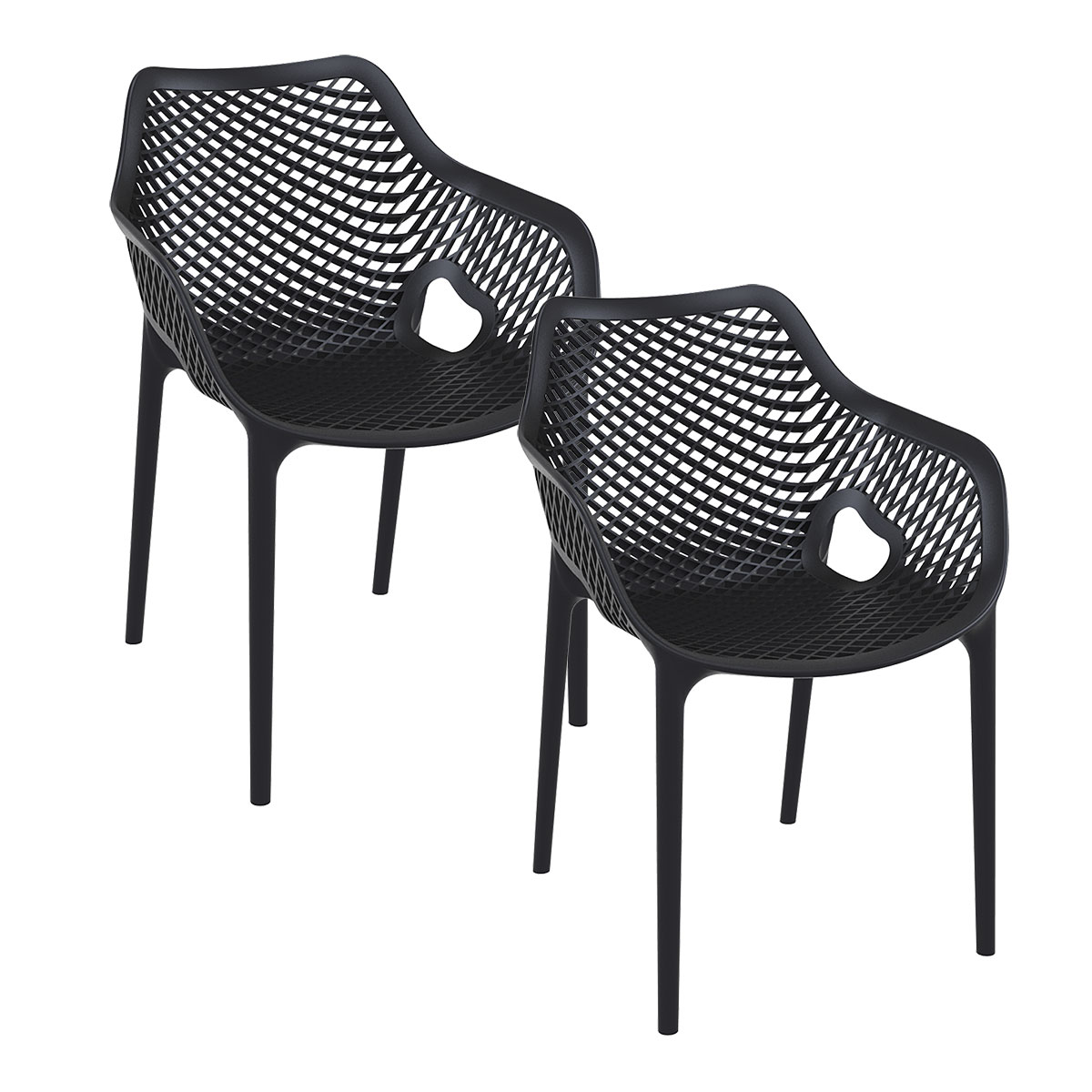 Twee zwarte plastic stoelen. De stoelen hebben een uniek webontwerp met een gat in de rug.