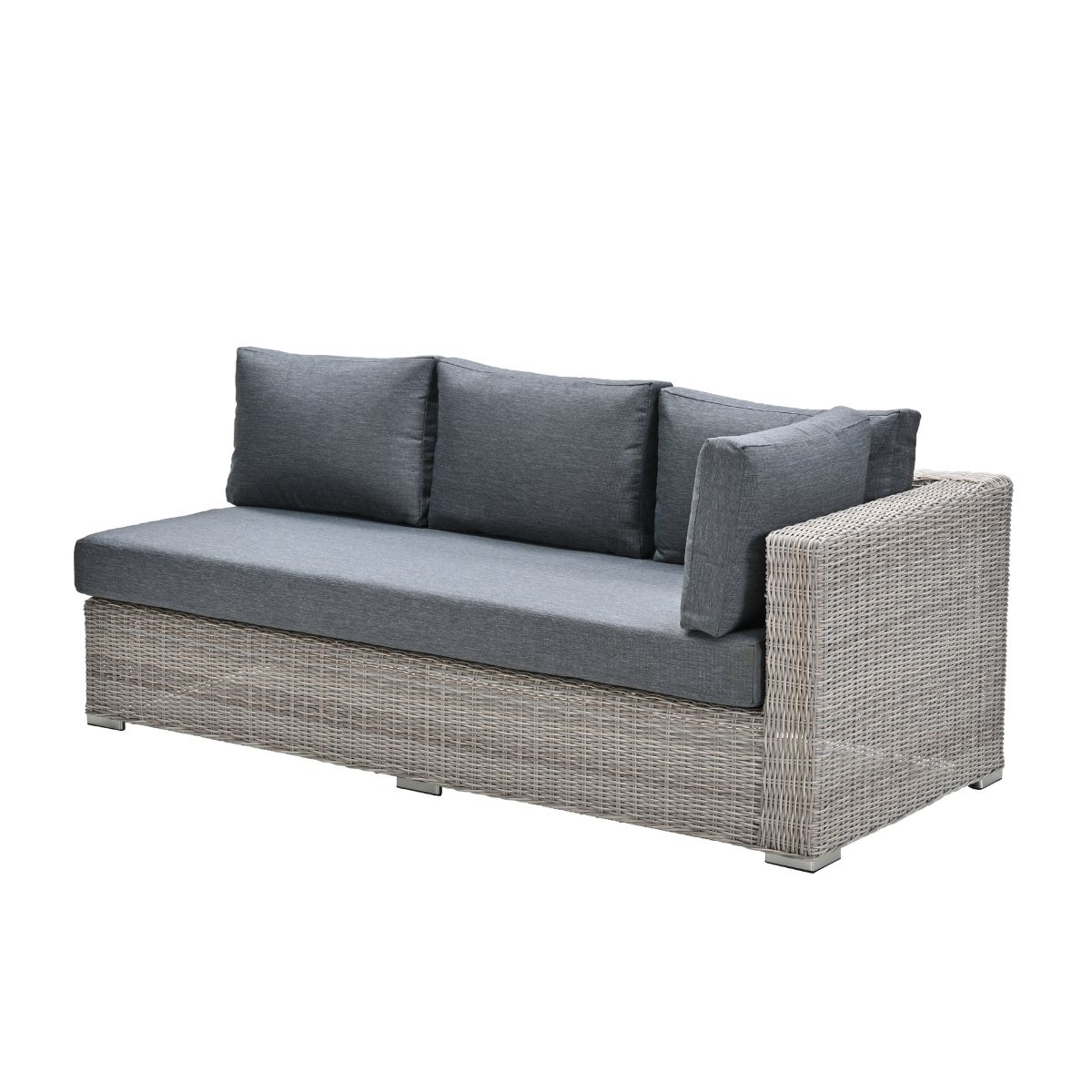 Gray wicker sofa with three cushions. Light gray wicker base with metal legs and gray cushions.