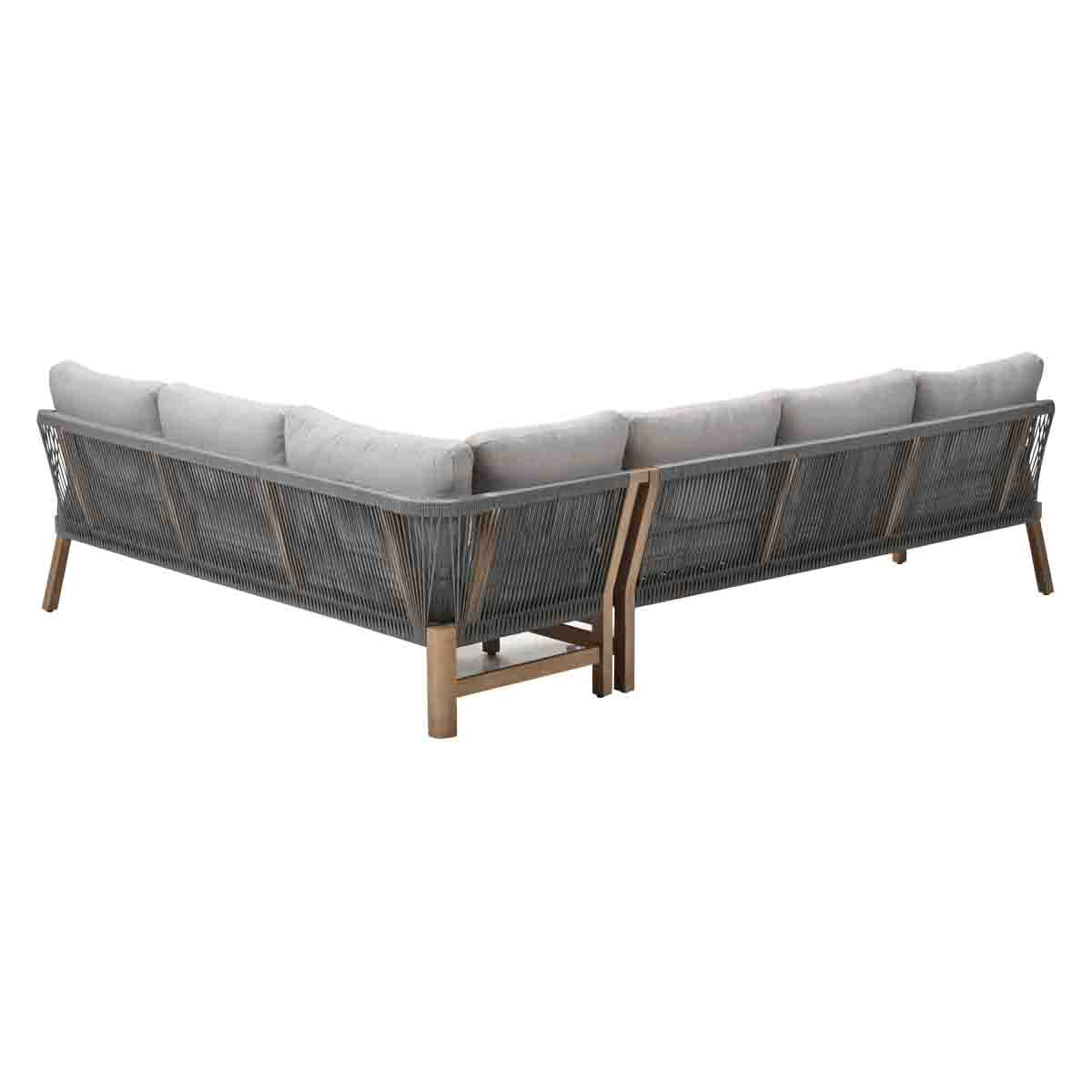 L-vormige grijze touwbank met houten poten. Grijze kussens, touwrug. Licht houten frame.