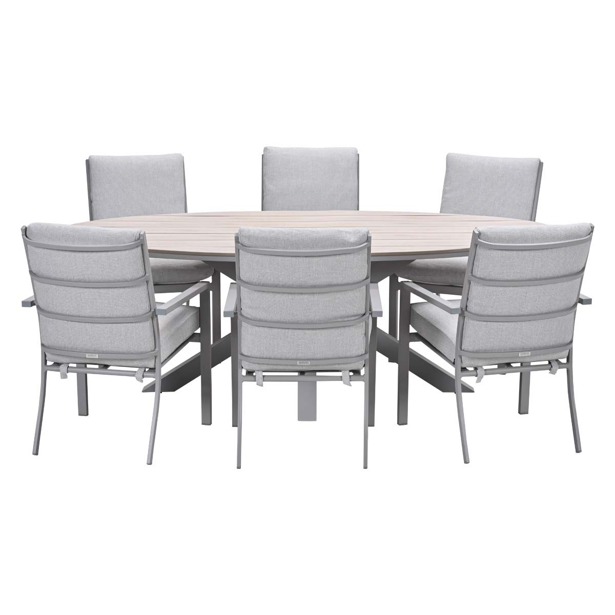 Oval table with six gray chairs. Light wood-look table and gray cushions. Metal frames.