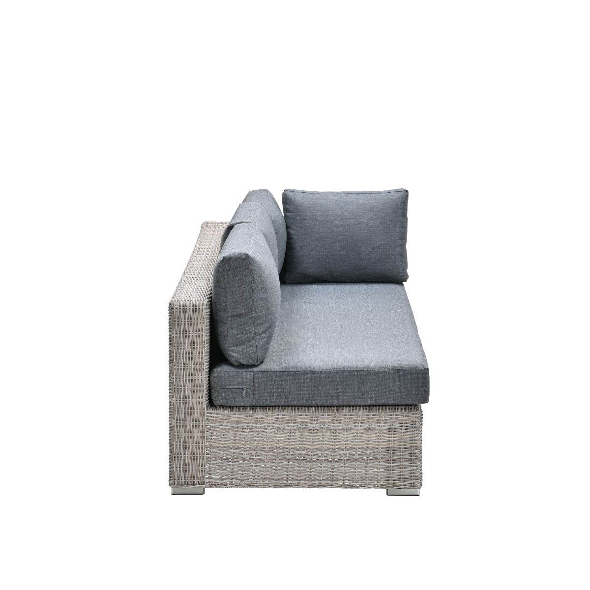 A gray rattan outdoor sectional sofa with cushions on a white background.