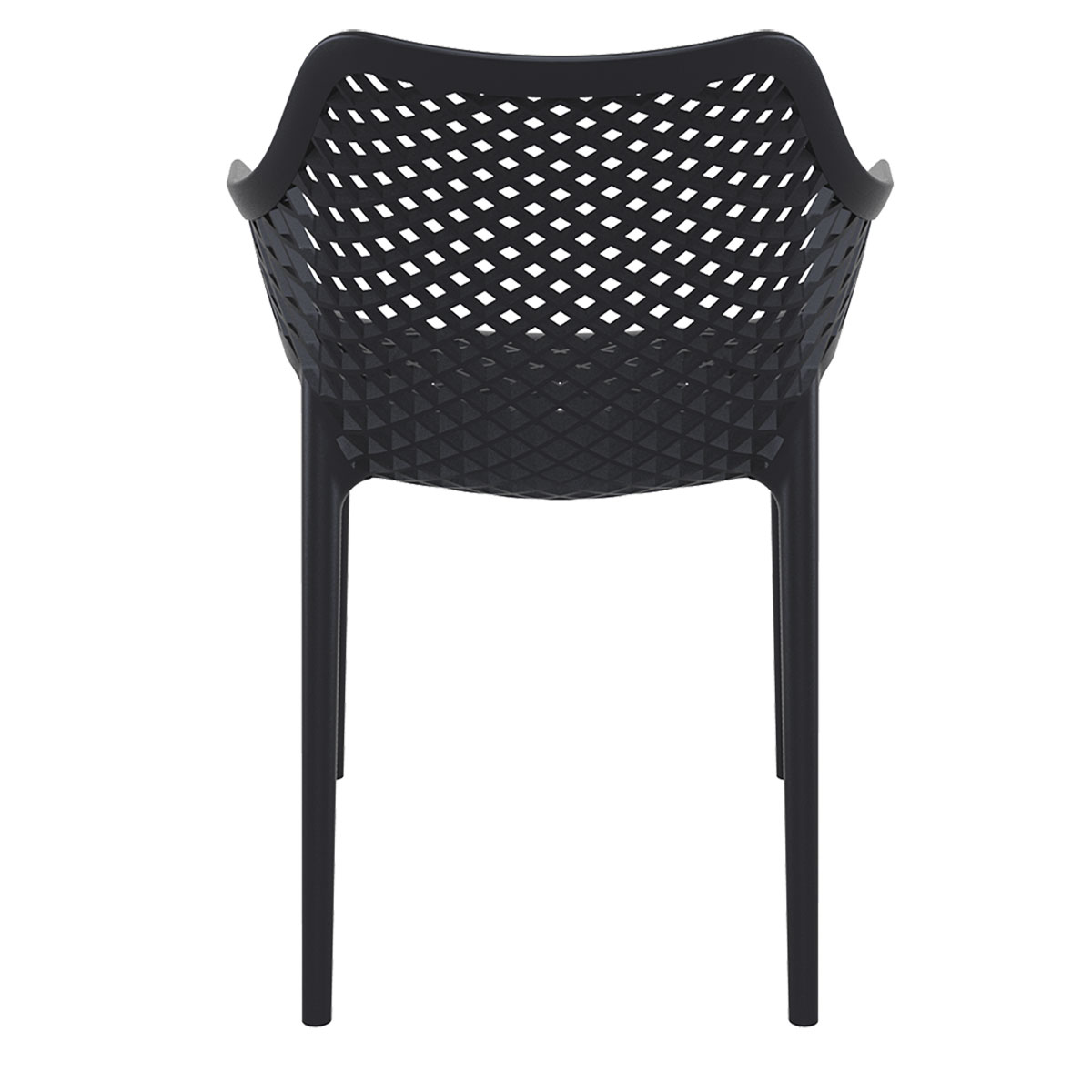 Zwarte plastic stoel met ruitpatroon op de rug, op een witte achtergrond.