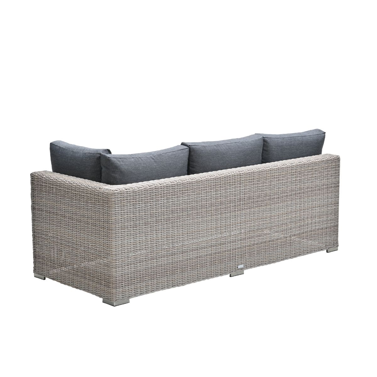 Gray wicker sofa with three cushions on a white background.