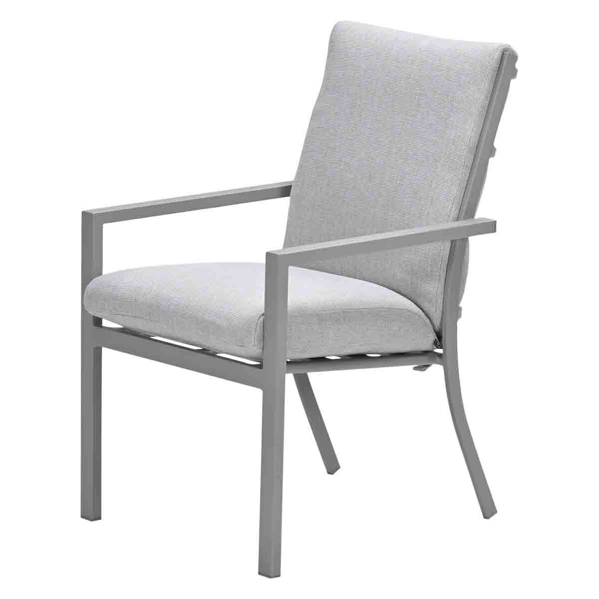 A gray outdoor chair with armrests and a high back. The seat and back have gray cushions.