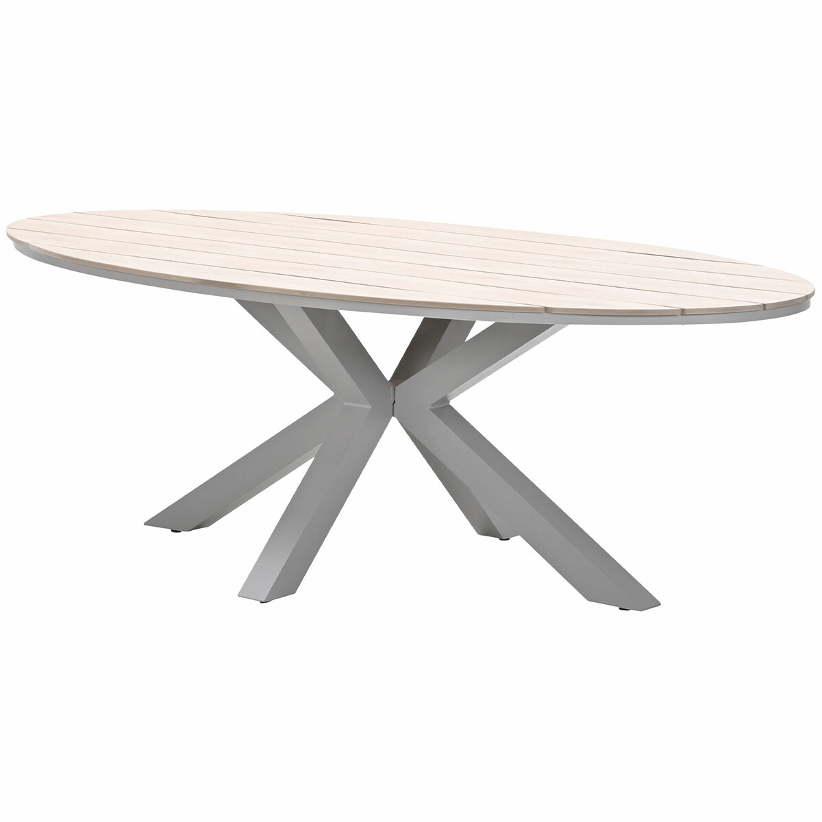 Ovale houten tafel met lichtgrijze poten, geïsoleerd op een witte achtergrond.