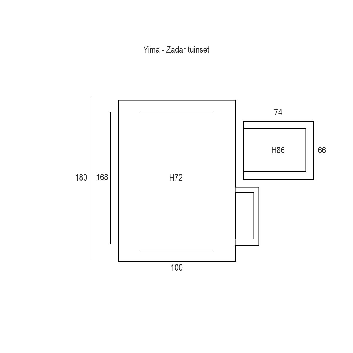 A diagram of a garden set, labeled 'Yima - Zadar tuinset'. Dimensions are shown: 180x100 cm, 168x72 cm, and 74x66 cm.