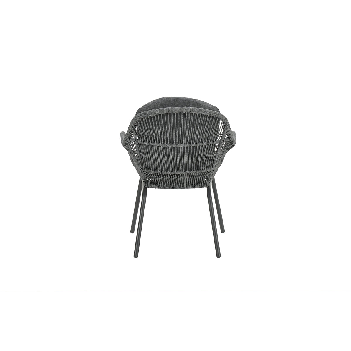 Back view of a grey woven chair with a grey cushion, set against a white background.