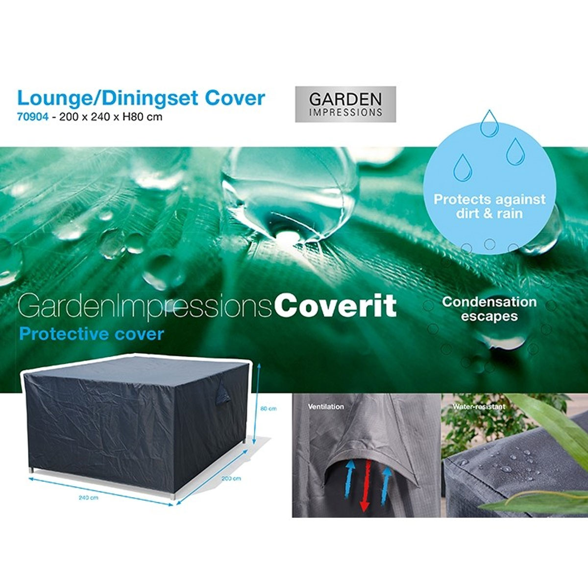 A dark cover protects a rectangular black table. Text describes it as a protective cover.