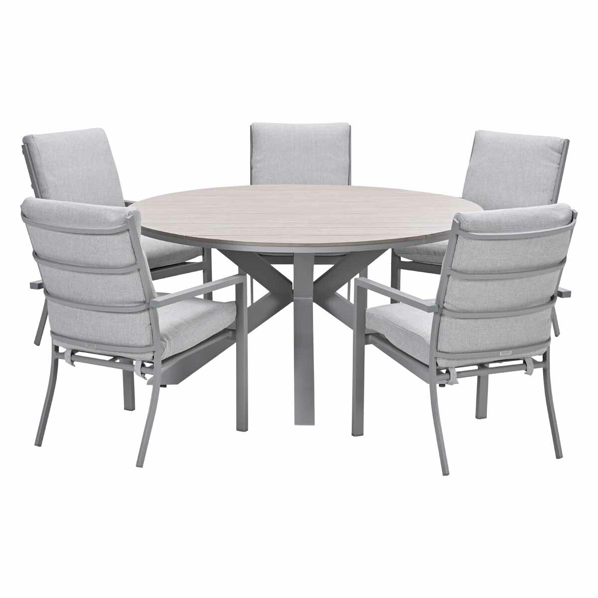 A round table with 4 chairs around it. All the chairs are light grey.