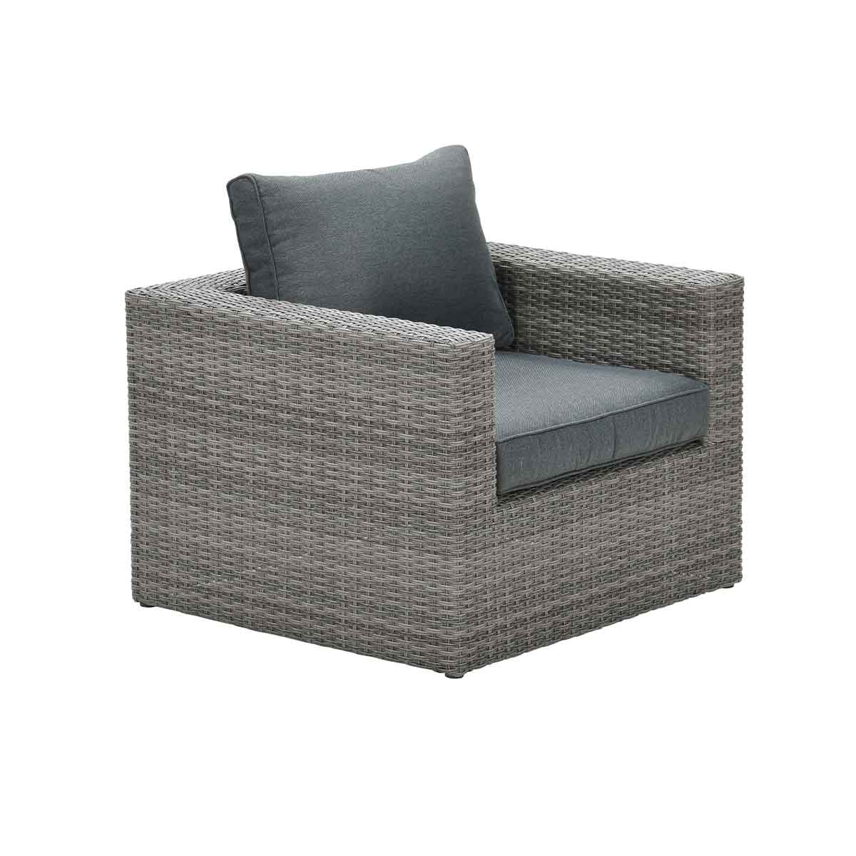 Gray wicker armchair with a gray cushion and pillow. It is on a white background.