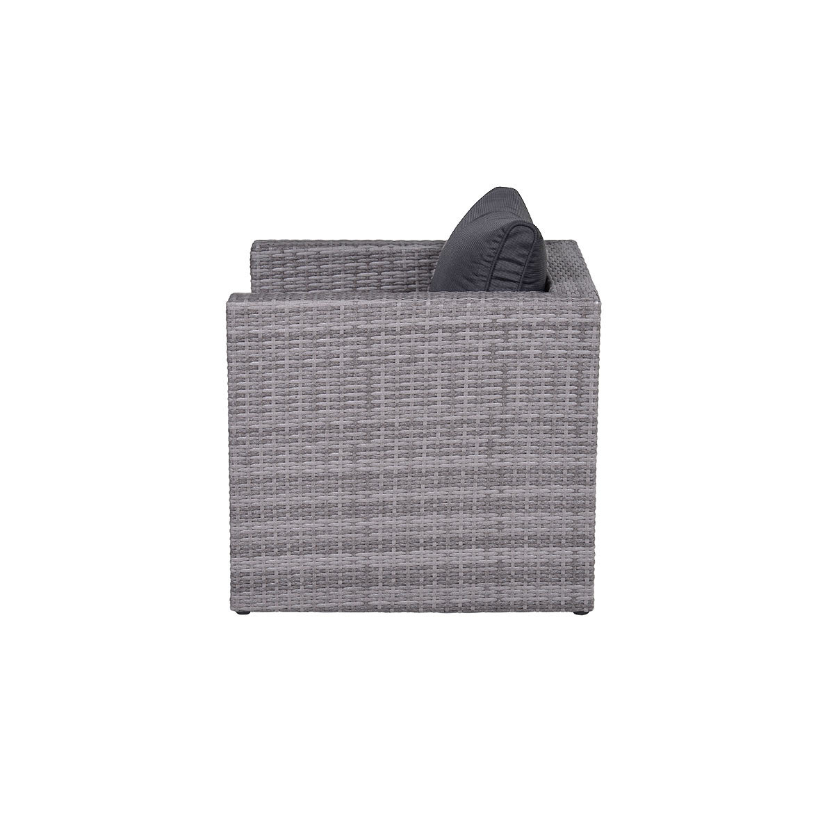 Side view of a grey wicker chair with a dark cushion and pillow, on white background.