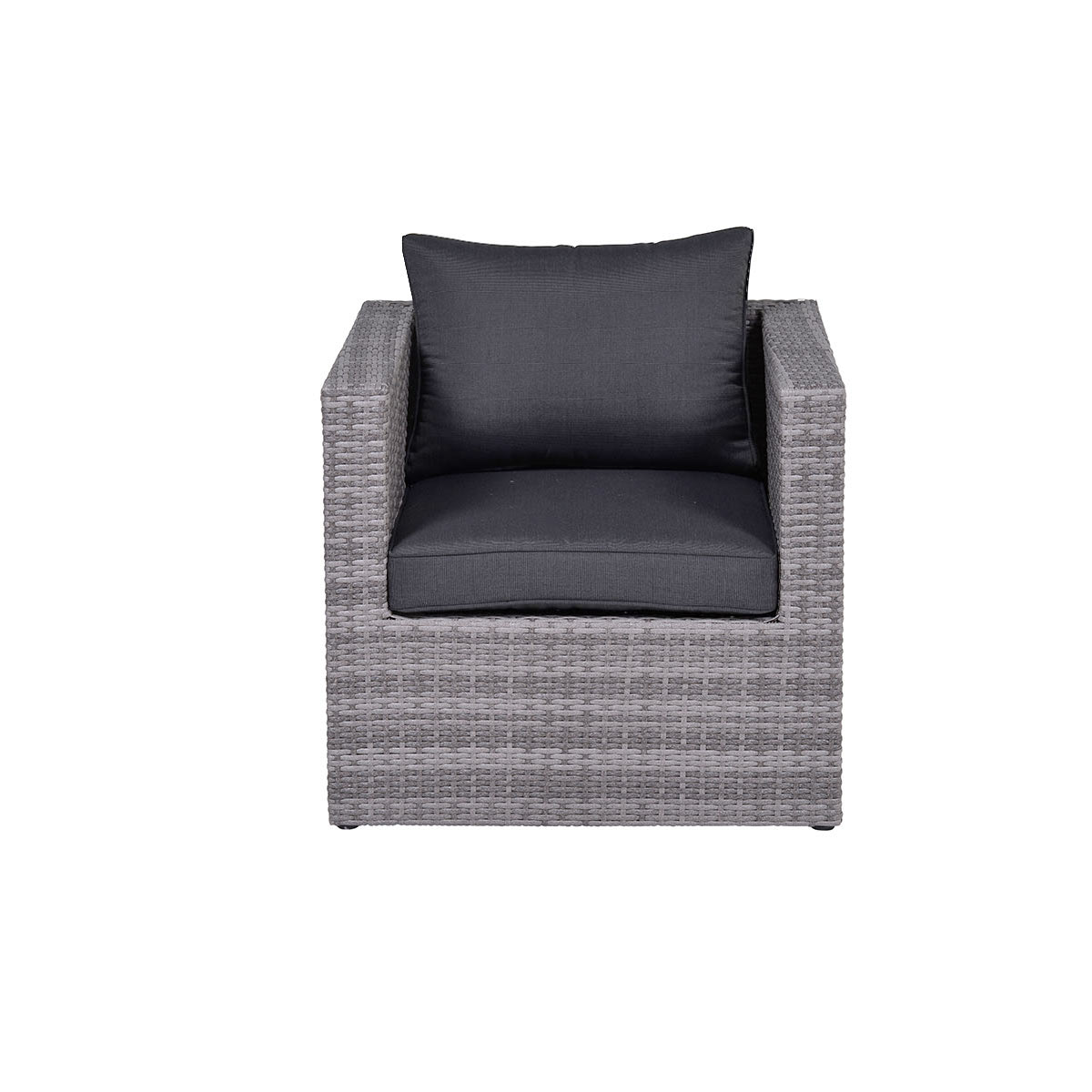 A grey square wicker chair with a dark cushion and pillow, against a white backdrop.