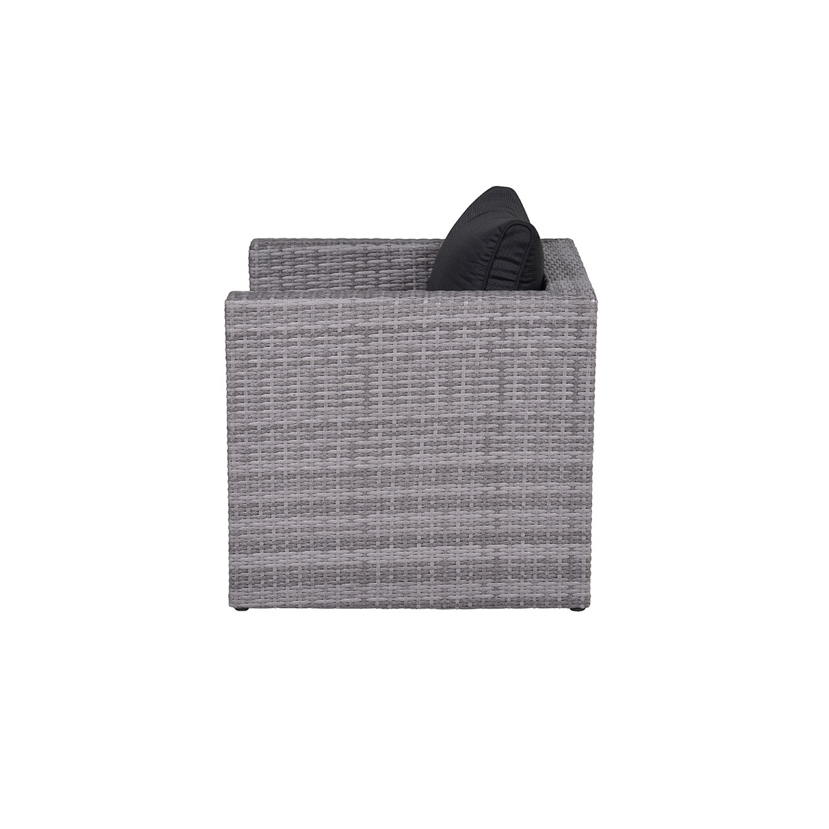 A gray, woven outdoor chair with a black cushion, seen in a side profile view.