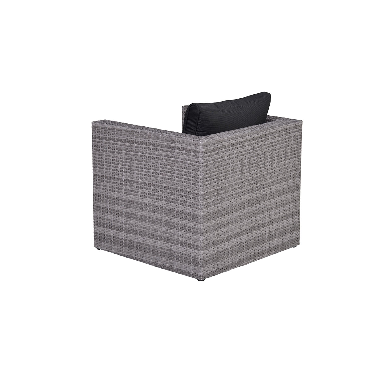Gray wicker armchair from the back. It has a dark gray cushion. White background.