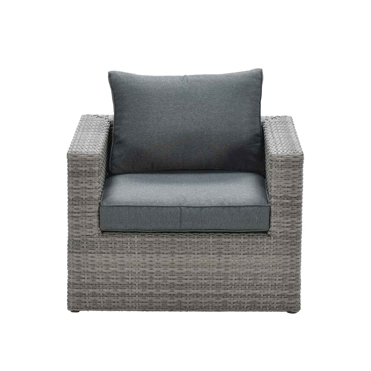 Gray wicker armchair with a gray cushion and pillow. It is on a white background.