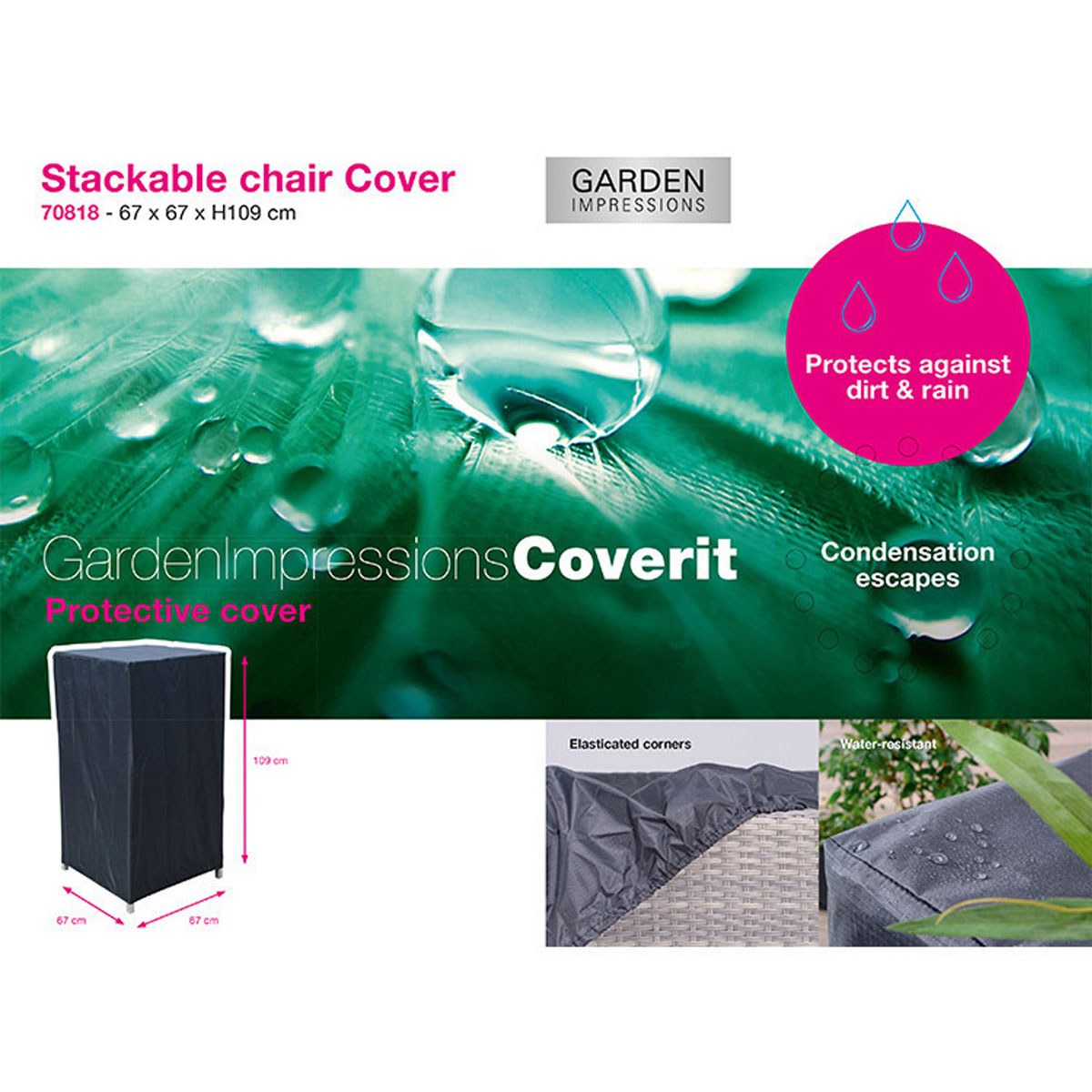 White background with product details: chair cover, water drops, and elasticated corners.
