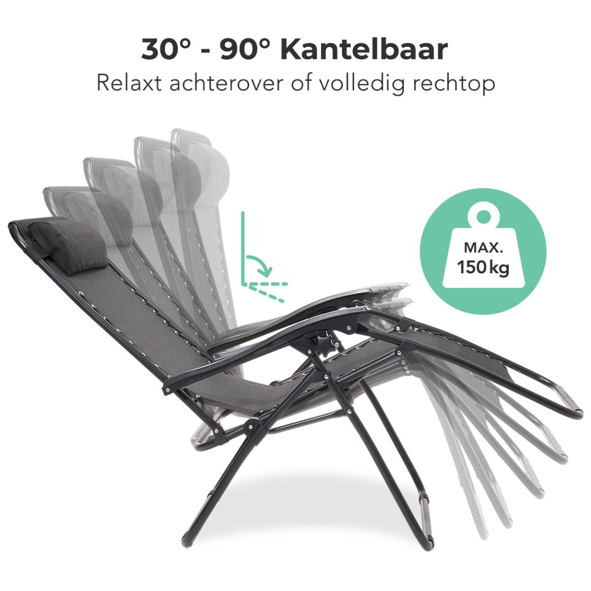 Ligstoel met meerdere verstelfasen, die de flexibiliteit illustreren.