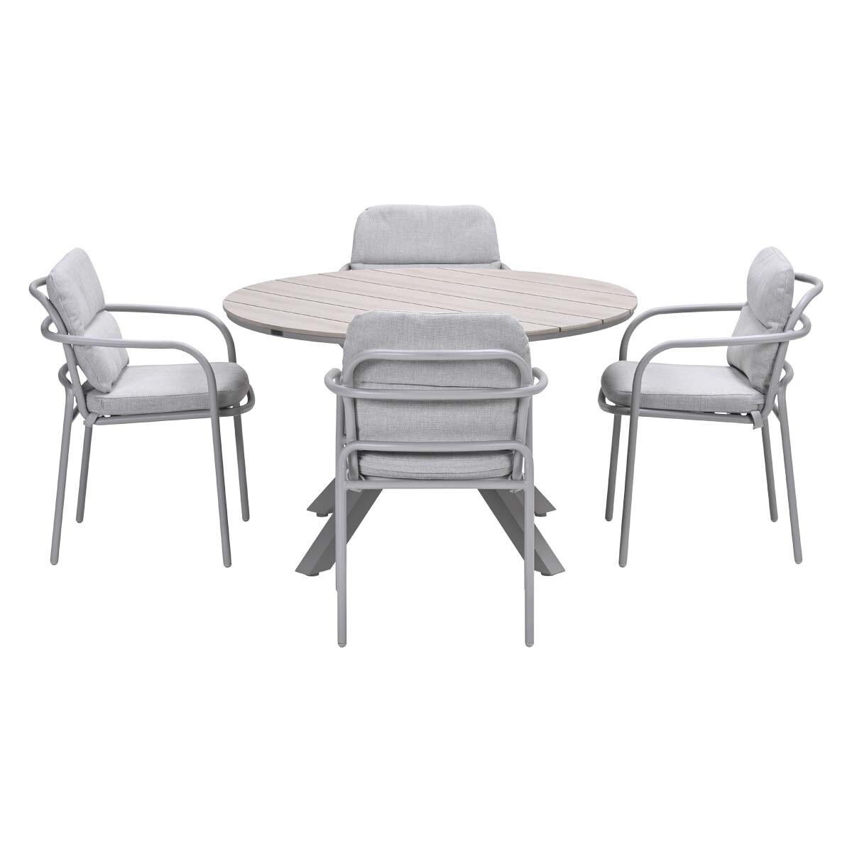 A round table with four gray chairs. The background is white.