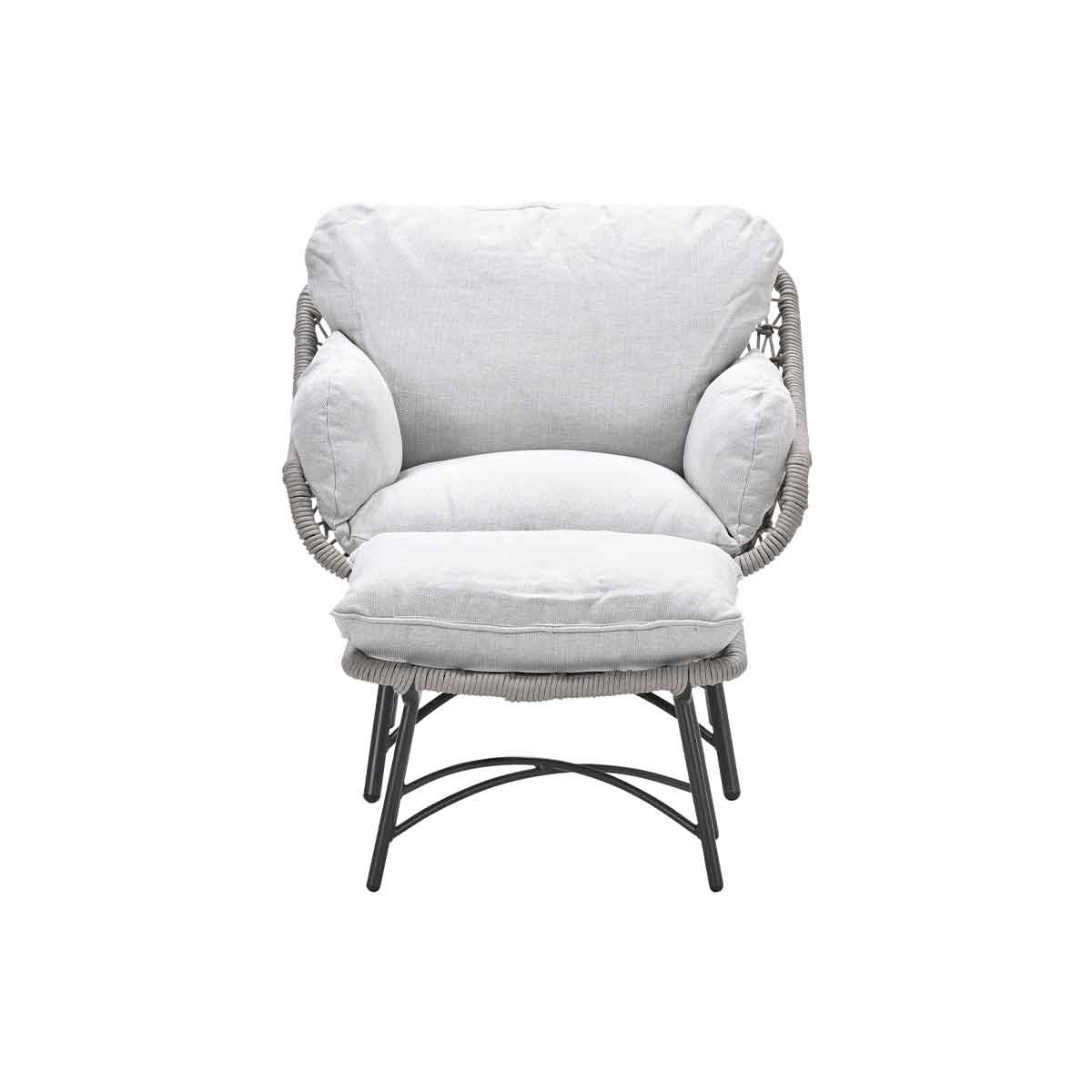 A light grey chair with an ottoman, on a white background. The chair has a rope-like design.