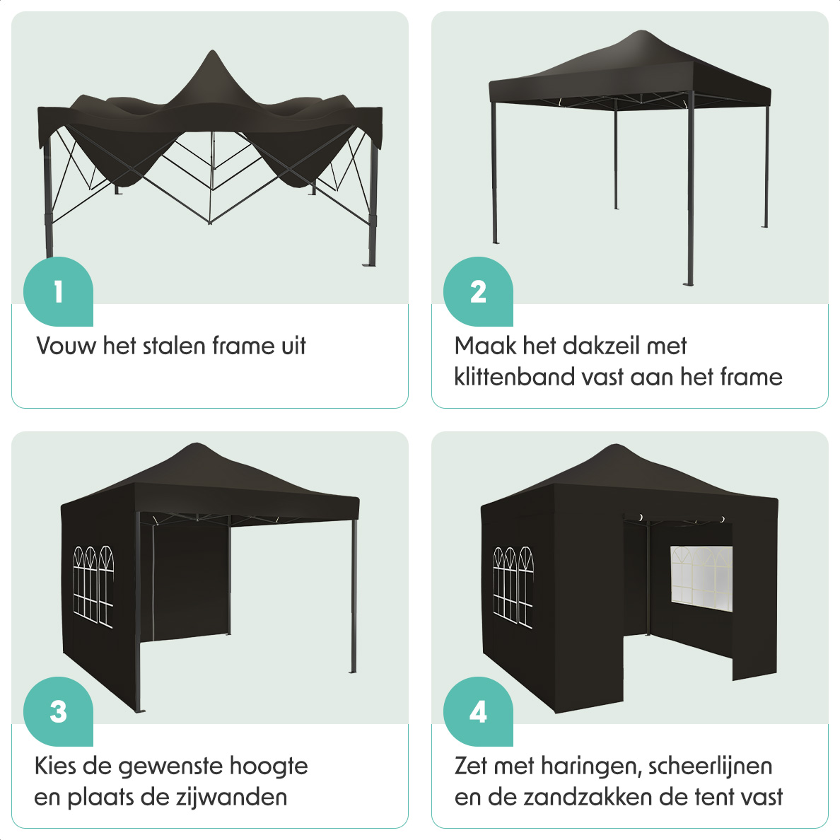 Four images showing the steps to assemble a black tent, from frame unfolding to side walls installation.