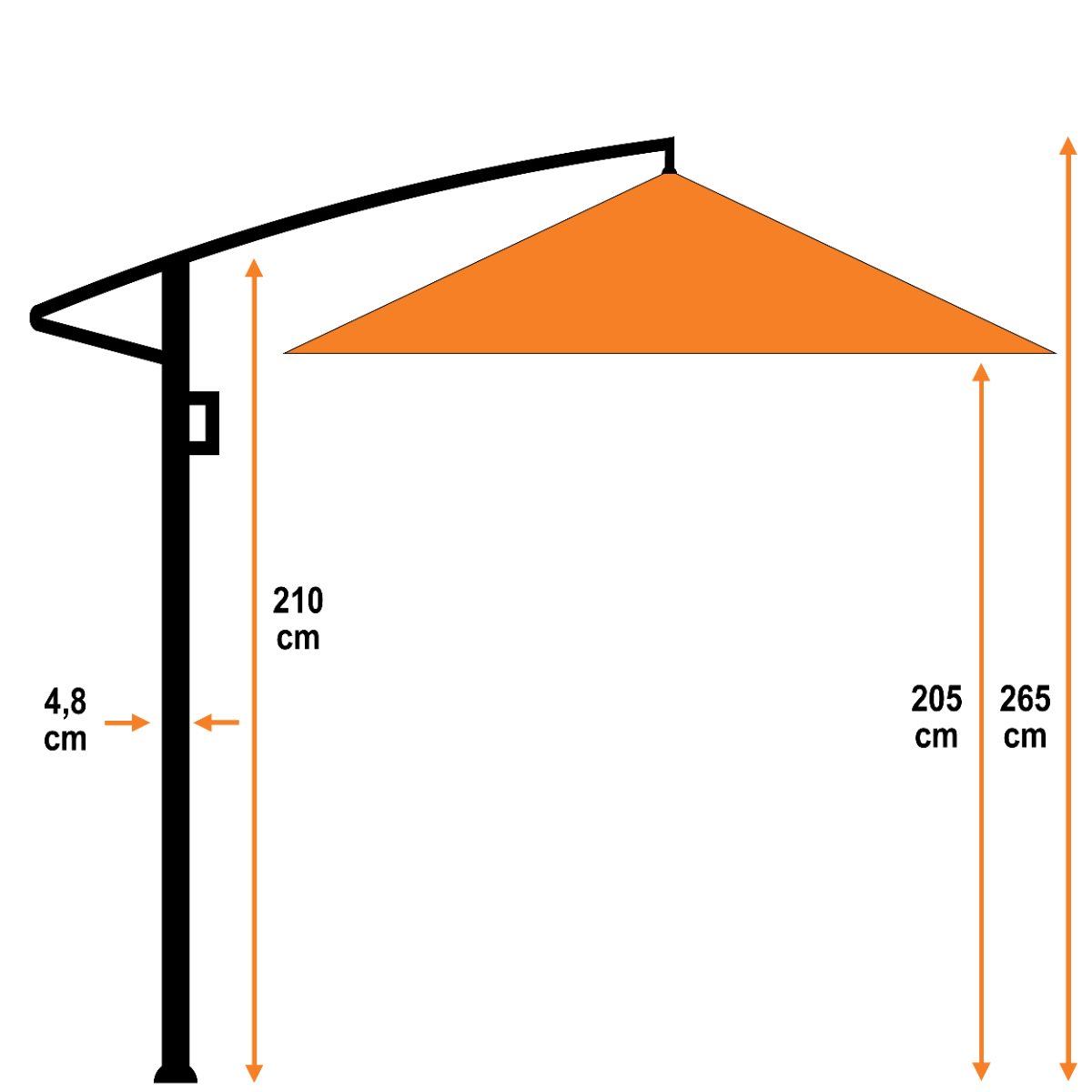 Diagramme montrant un parasol orange, indiquant les dimensions: hauteur 265cm, largeur 205cm, et largeur du poteau 4,8cm.