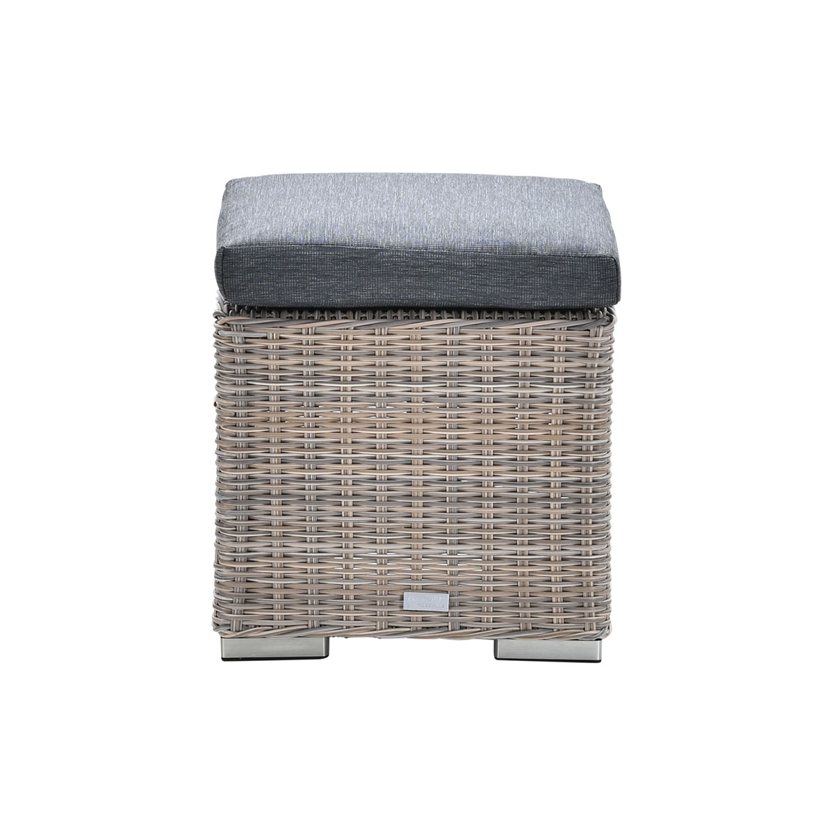 A square woven ottoman with a grey cushion top, set against a white background.