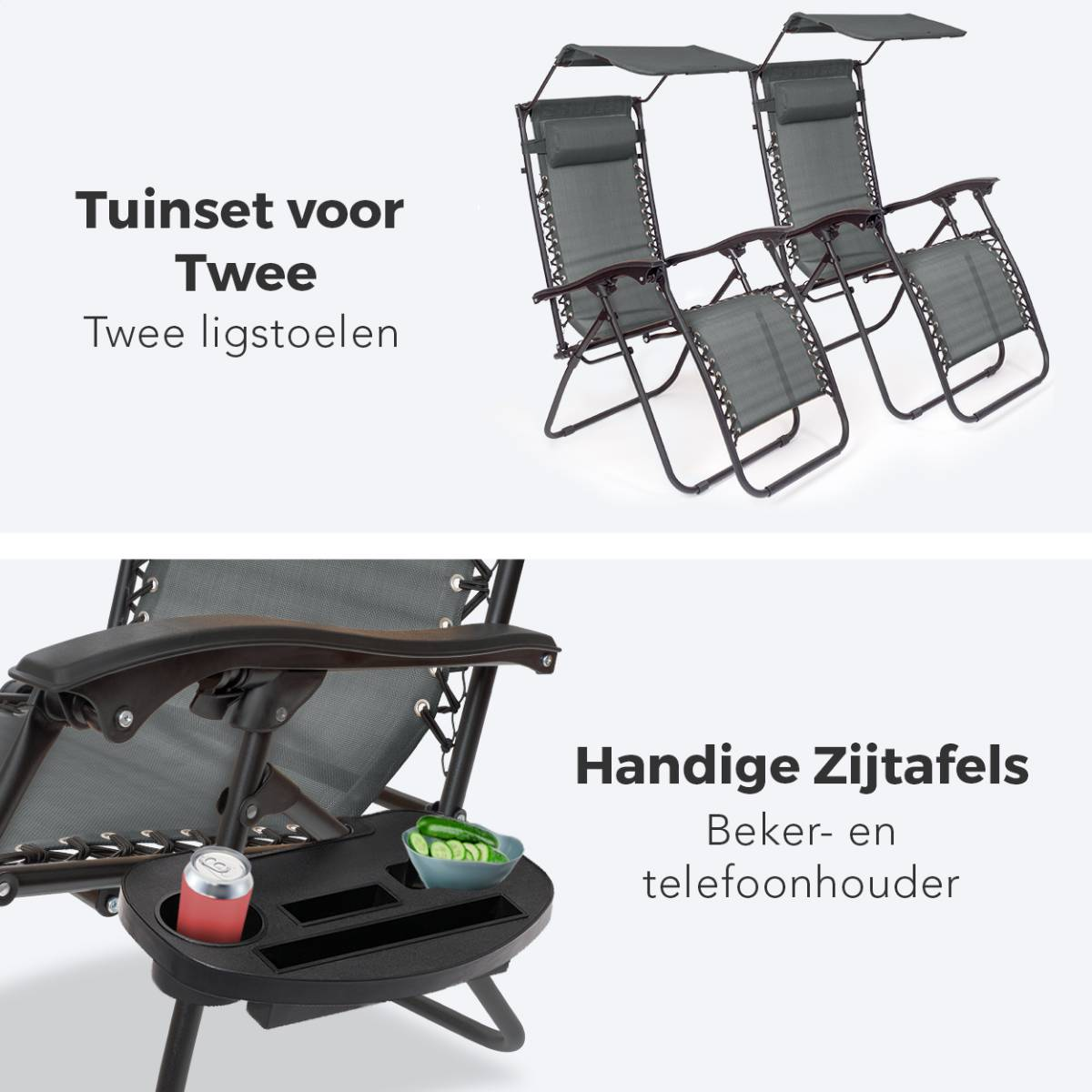 Twee ligstoelen met een bijzettafel. De tafel heeft een drankje en een kom met eten. De stoelen hebben een luifel.