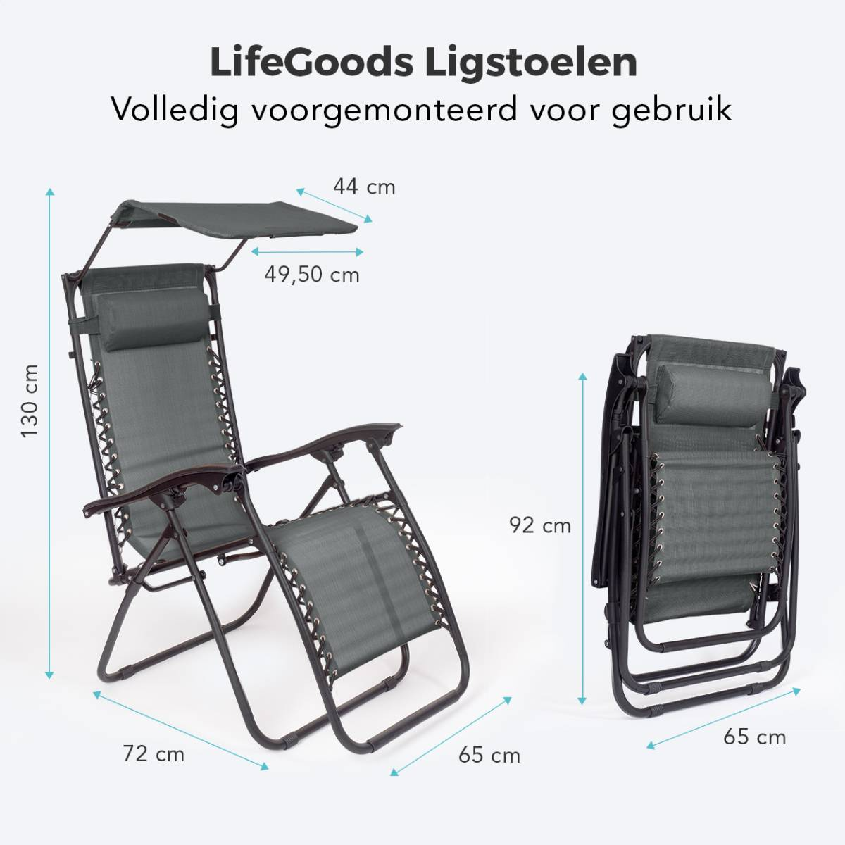 Een grijze ligstoel met hoofdsteun en luifel, opgevouwen en uitgevouwen. Afmetingen worden in centimeters weergegeven.
