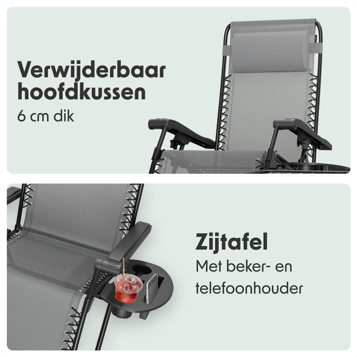 Close-up van een ligstoel: afneembare hoofdsteun en bijzettafel met een beker- en telefoonhouder.