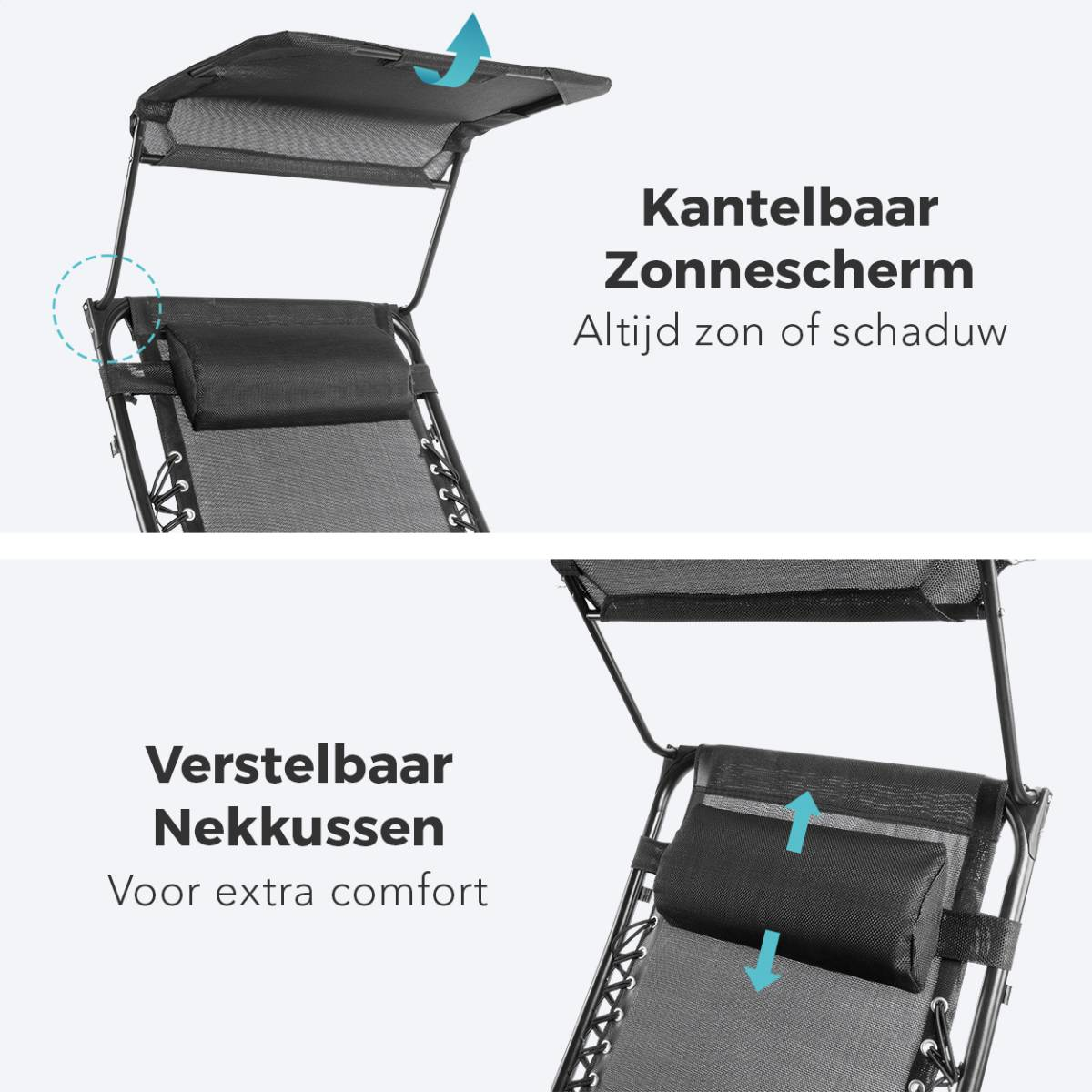 Close-up van een ligstoel met verstelbare luifel en hoofdsteun, voor comfort.