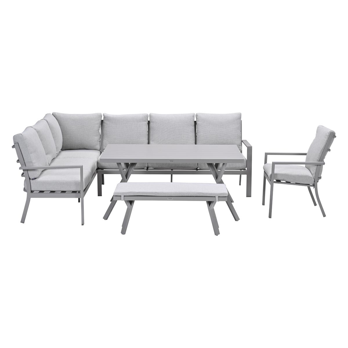 Un ensemble de meubles de jardin gris : canapé d'angle, table, banc et fauteuil sur fond blanc.