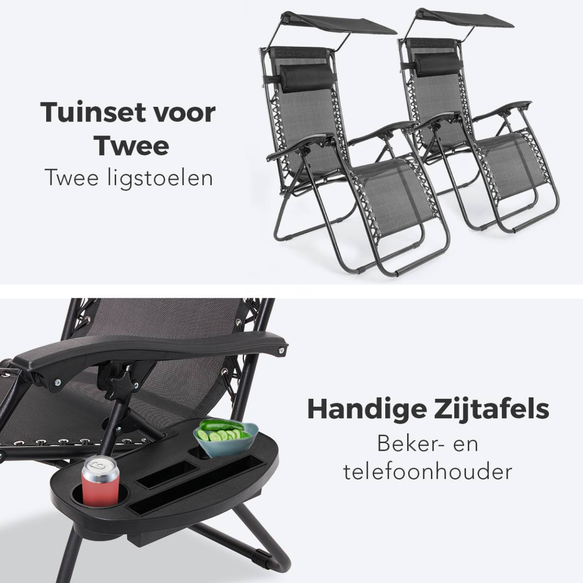 Twee zwarte ligstoelen met luifels en een bijzettafel met drankje en snacks.