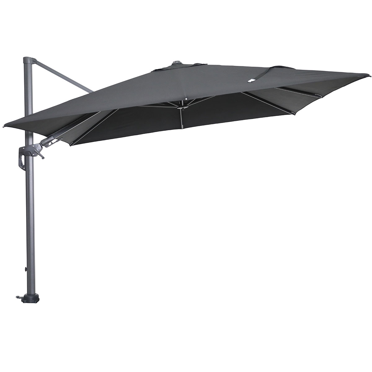 Een donkergrijze zweefparasol op een heldere witte achtergrond.
