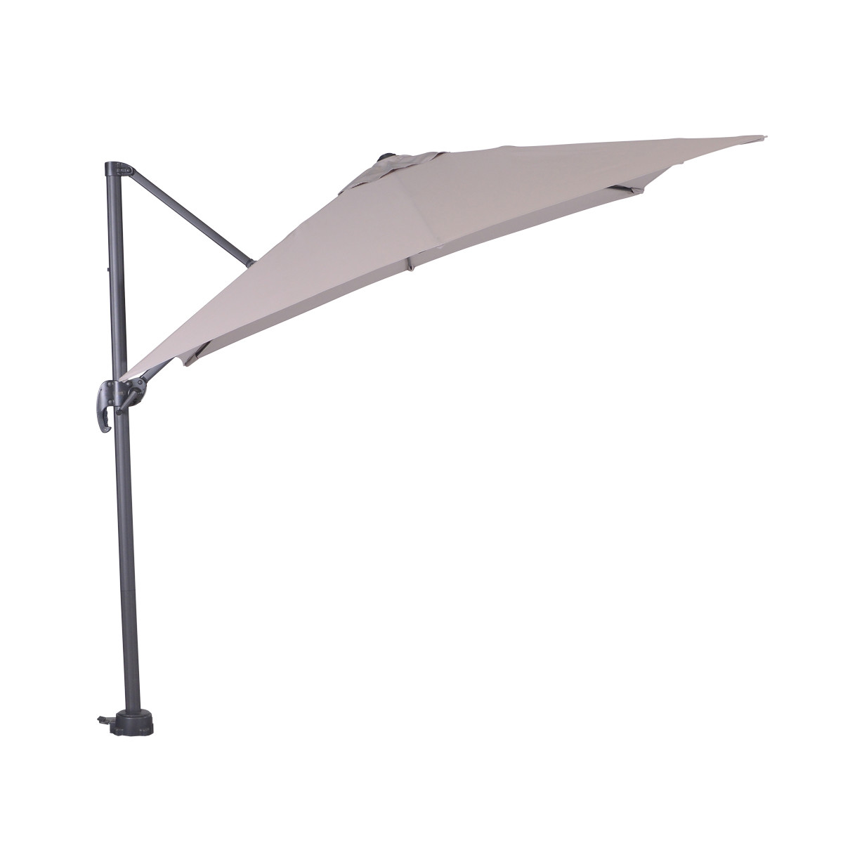 A light gray cantilevered umbrella on a bright white background.