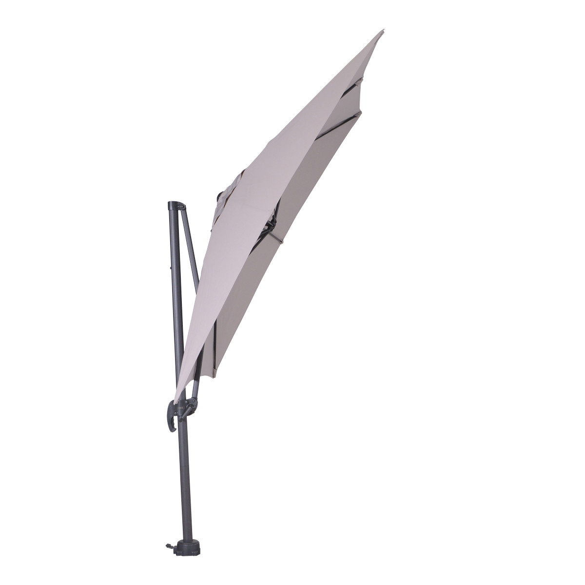 An open light gray parasol, against a white background.