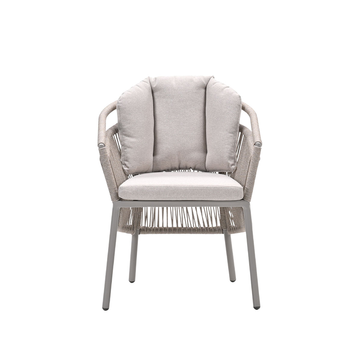 A modern outdoor chair with light gray cushions and a woven rope design on a white background.