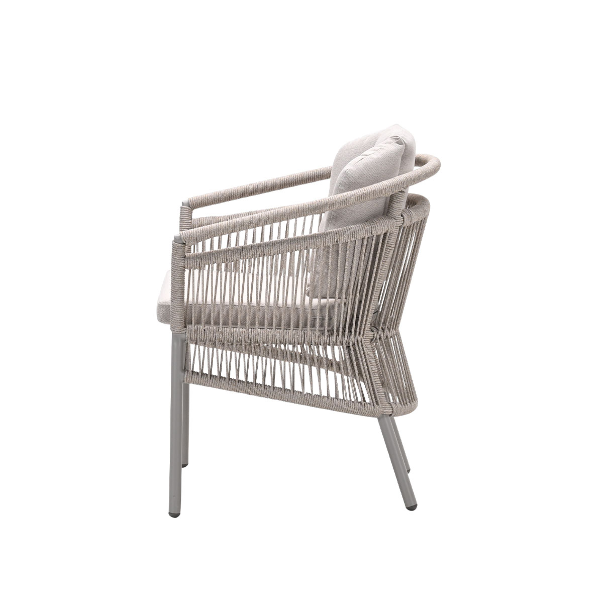 A modern gray outdoor chair with a rope weave design and a light gray cushion on a white background.