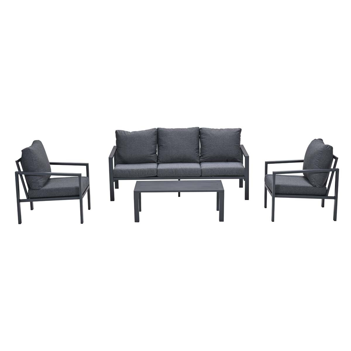 A gray outdoor furniture set on a white background. It includes a sofa, two chairs, and a small table.